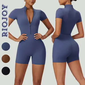 Women's Half Zip Short Sleeve Workout Romper, Half Placket Mock Neck Jumpsuit Stretchy Non-See-Through One Piece Jumpsuit, Tummy Control Athletic Gym Jumpsuit for Active  Casual Wear
