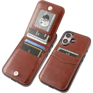 L-PCS009  Compatible with iPhone 16 Case Wallet with Credit Card Holder, Flip Premium Leather Magnetic Clasp Kickstand Heavy Duty Protective Cover for iPhone 16 6.1 Inch (Brown)