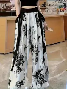 Mystical Bamboo Pattern Wide-Leg Pants, Loose Fit Slimming Breathable Lightweight High-Waisted Elastic Bow Tie Long Pants, Womenswear Casual Home Wear, Comfortable Unbound Style
