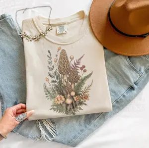 Comfort Colors Vintage Morel Mushroom Shirt, Wildflower Nature Graphic Tee, Cottagecore Forest T-Shirt, Retro Botanical Tee