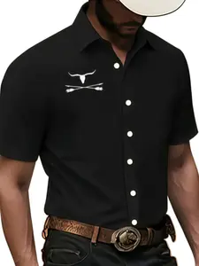 Western Cowboy Style Men's Short Sleeve Shirt, Bull Skull Cross Arrow Print Vintage Collar Casual Blouse, Long Sleeve Boho Top, Collared Shirt