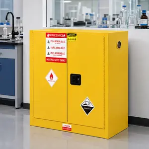 30 Gallon Flammable Safety Cabinet, 43"W x 18"D x 44"H, Cold-Rolled Steel Flammable Liquid Storage Cabinet, 1 Shelf, 2 Manual Close Doors, Yellow, for Industrial Use, OSHA Certified, 113L Capacity, Yellow Color Options, Steel Material
