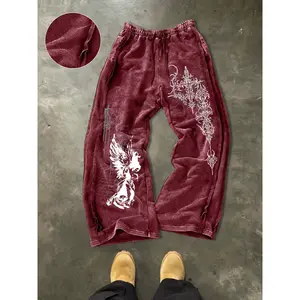 Unisex Washed Cotton Soft Sweatpants, Side Hem Stitching Long Pants, Casual Sports Trousers, Gothic Print, Stylish Casual Fitted Style, Elastic Waist, All Seasons