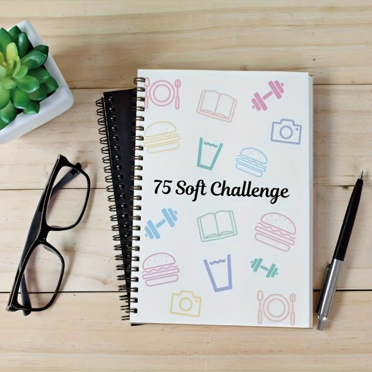 75 Soft Challenge Spiral Notebook, Daily Wellness Habit Tracker Journal, Weight Loss Self Improvement Planner, Cute Pastel Doodle Fitness Log Book for Women