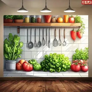 2D Flat Banner, 1pc Vibrant Kitchen Still Life Party Banner - Polyester Wall Hanging Backdrop with Fresh Produce, Utensils & Lively Scene for Home, Room, and Wall Decor, Perfect for Photoshoots, Parties, and Seasonal Event