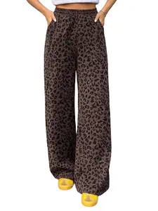 Spring Summer New Women's Fashion Casual Trendy Versatile Leopard Print Loose Wide Leg Pants, Casual Lounge Pants, Ladies Home Wear Trousers, Comfortable and Stylish