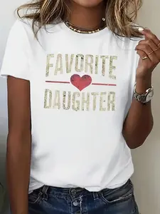 Wo Casual Short Sleeve T-Shirt |   95% 5% High Elasticity Machine Washable Round Neck Nontransparent Material "Favorite Daughter" Glitter Heart Graphic Regular Fit for Spring Summer Fall Seasonal Versatile Top Relaxed Fit Shirt