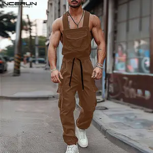 INCERUN Men's Sleeveless Western-Style Overalls - Solid Square Neck, Elastic Waist Lace-Up Cargo Pants with Durable Fabric, Male Clothes Basics