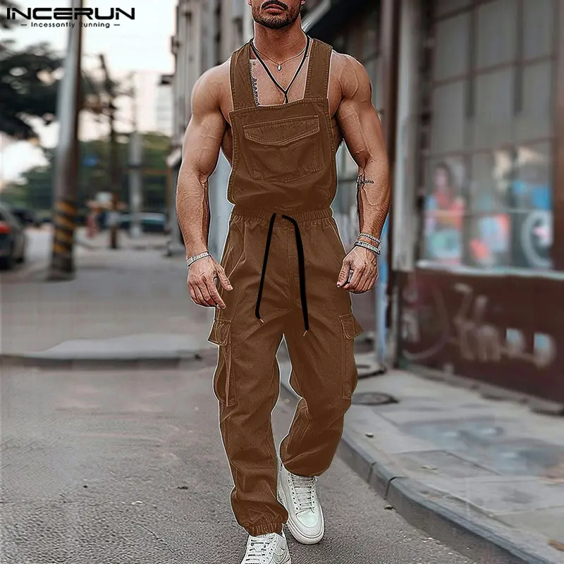 INCERUN Menswear Sleeveless Western-Style Overalls - Solid Square Neck, Elastic Waist Lace-Up Men's Pants, Durable Fabric Male Basics