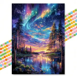 Dreamy Aurora Lake Night Scene Diamond Painting, Natural Landscape Theme, 5D Embroidery DIY Kit, Stress Relief Art for Adults, Bedroom Decor, Handicraft