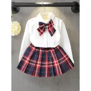 Girls' College Style Pleated Skirt Set Teenager Spring and Autumn Bow Long Sleeve Shirt + Plaid School Uniform Two-Piece Set