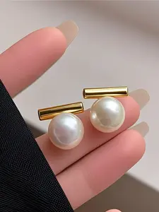2026 New Fashion Pearl Stud Earrings for Women, Elegant Alloy Plated Jewelry, Plain Design, All Seasons Accessory