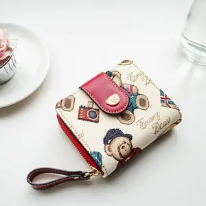 Women's Short Multifunctional Wallet with 10 Compartments 5 Card Slots Cartoon Bear Jacquard Pattern Zipper Coin Purse Wristlet Design for Daily Commute Dates Travel Gifts