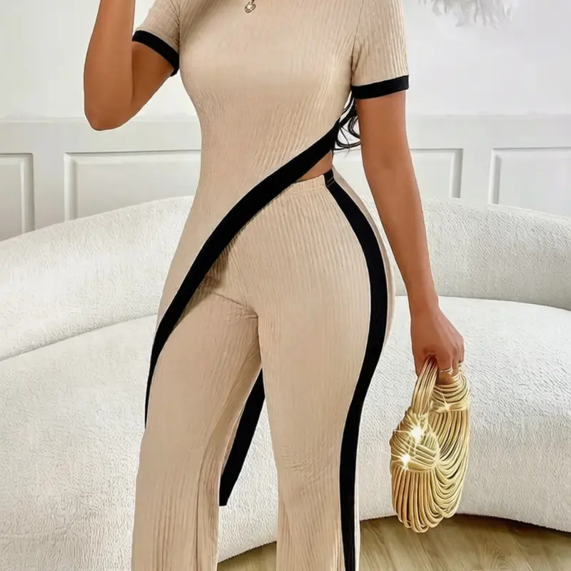 Women's Summer Fashion Two-Piece Set, Elegant High-Stretch Asymmetrical Short Sleeve Top and Patchwork Slim Pants, Casual Outfit for Everyday Wear Sleeve