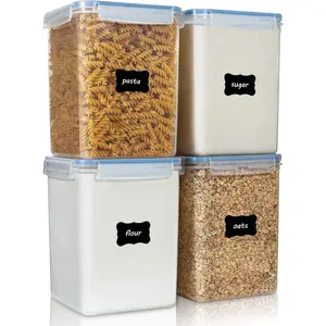Food Storage Containers 5.2L / 175oz, 4 Pieces BPA Free Plastic Airtight Canisters for Flour, Sugar, Baking Supplies, Rice with Lids, 4 Measuring Cups and 24 Labels, Blue Kitchen Utensils
