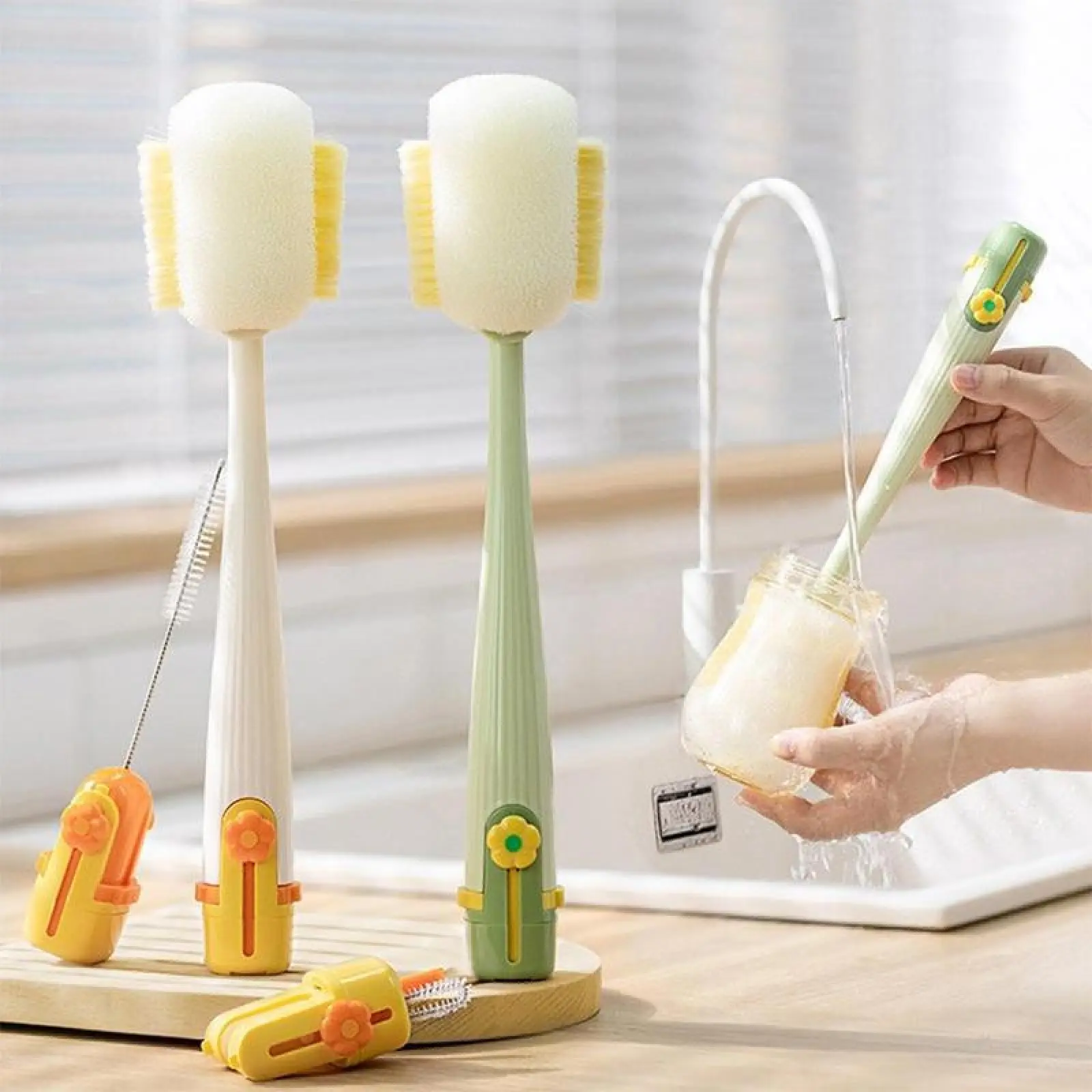 New 5-in-1 Sponge Cup Brush, Multi-Function Household Bottle Cleaner with Oil-Resistant Heads Stay Cleaner and Soft+Hard Heads for Water Cups, Insulated Bottles