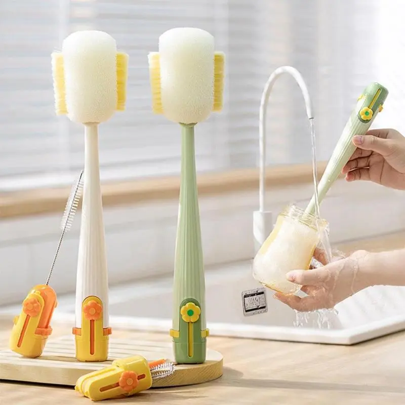 5-in-1 Multi-Mode Bottle Cleaner, Household Sponge Cup Brush with Oil-Resistant Heads Stay Cleaner, Detachable Parts, Soft-On-Glass & Stain-Fighting Hard Heads, Deep Penetration for Water Cups, Insulated Bottles