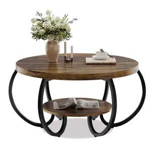 [TOP RATED - FLASH SALE] Garvee 30" Round Industrial Coffee Table with 2 Tiers – Adjustable Feet, Wooden Grain Design and Storage Shelf for Living Room, Easy Assembly