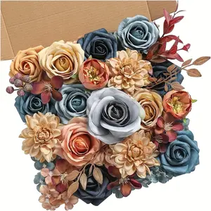 AUSOGO Blue Brown Simulated Flower Combination Box Set with Artificial Flowers and Leaves for DIY Wedding Bouquet Cake Flower Table Center Decoration Valentine's Day Decor 10.63 x 9.84 x 2.17 inches wedding flowers decor holiday