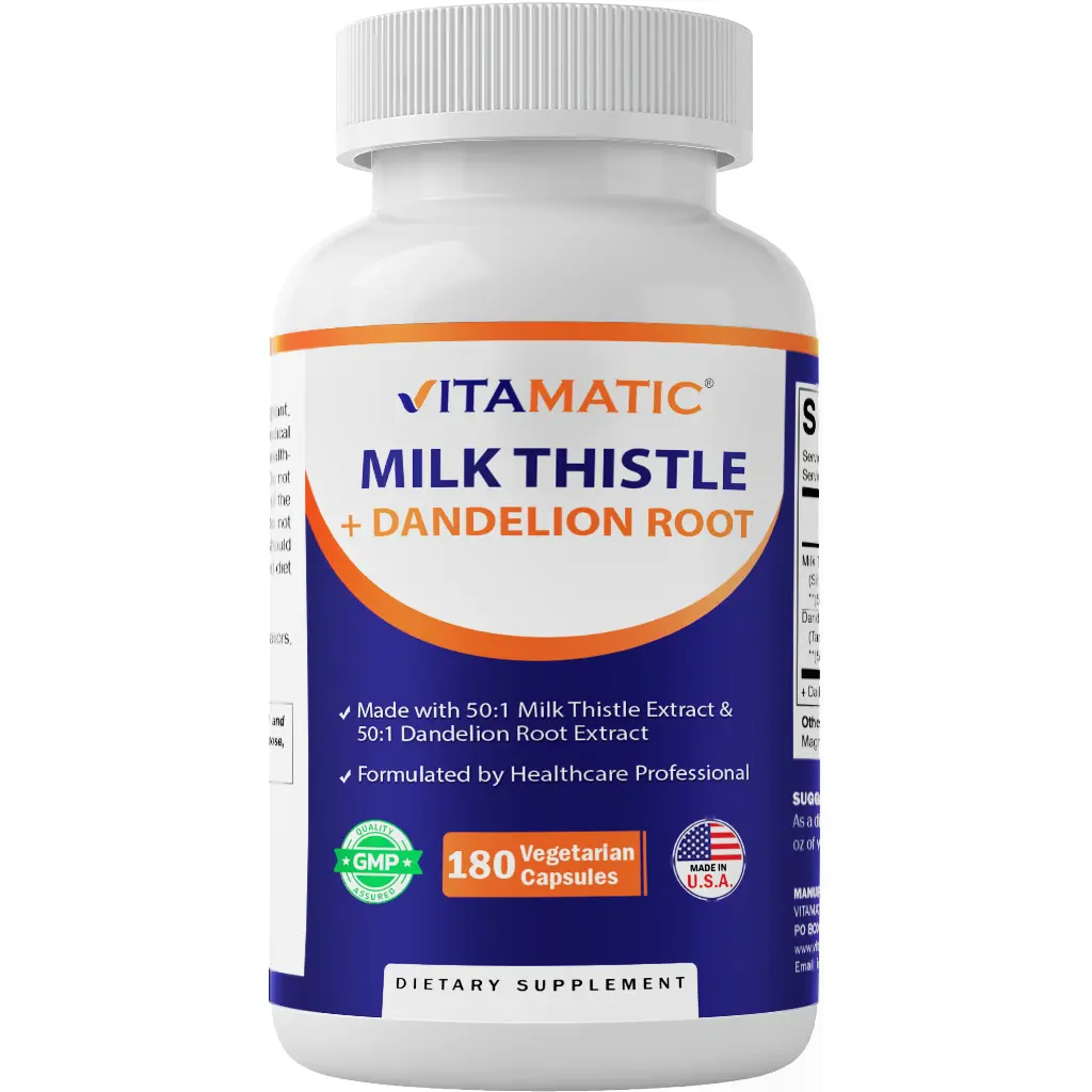 Vitamatic Advanced Liver Health Edible Dietary Supplement - 50:1 Milk Thistle Extract 500mg, 50:1 Dandelion Root Extract 100mg, 180 Vegetarian Capsules, Non-GMO, Gluten-Free, Dairy-Free, Comprehensive Nutrition Support
