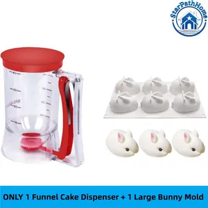 6 Cavity 3D Easter Bunny Silicone Mold & 4-Cup Funnel Cake Dispenser Set, Food-Grade Baking Tools for Chocolate, Mousse, Cake, Pancakes, Waffles, Muffins, Fondant and Holiday Desserts