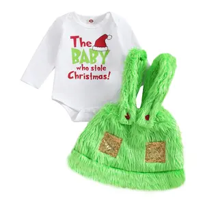 REDWOON Infant Baby Girl Christmas Outfits Letter Romper Jumpsuit Dress Green Furry Suspender Skirt Overalls Set