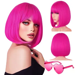 Fxmongyi Short Bob Wig with Bangs 10inch Bob Wig with Realistic Middle Part Synthetic Colorful Cosplay Daily Party Wig for Women