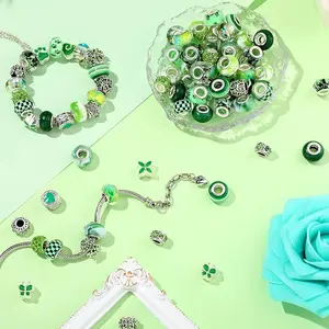 80 Pcs Assorted European Large Hole Beads, Spacer Glass Beads Rhinestone Metal Macrame Charms Supplies for DIY Crafts Bracelets Necklaces Jewelry Making(Green)