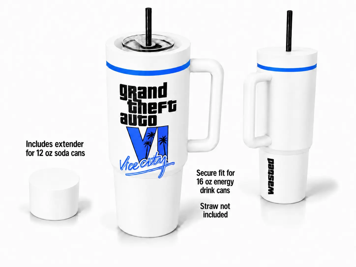 Car Cup Holder Can Cooler for 16 oz Energy Drink & 12 oz Soda Cans – Includes Can Extender, Game-Inspired Tumbler, Assorted Colors