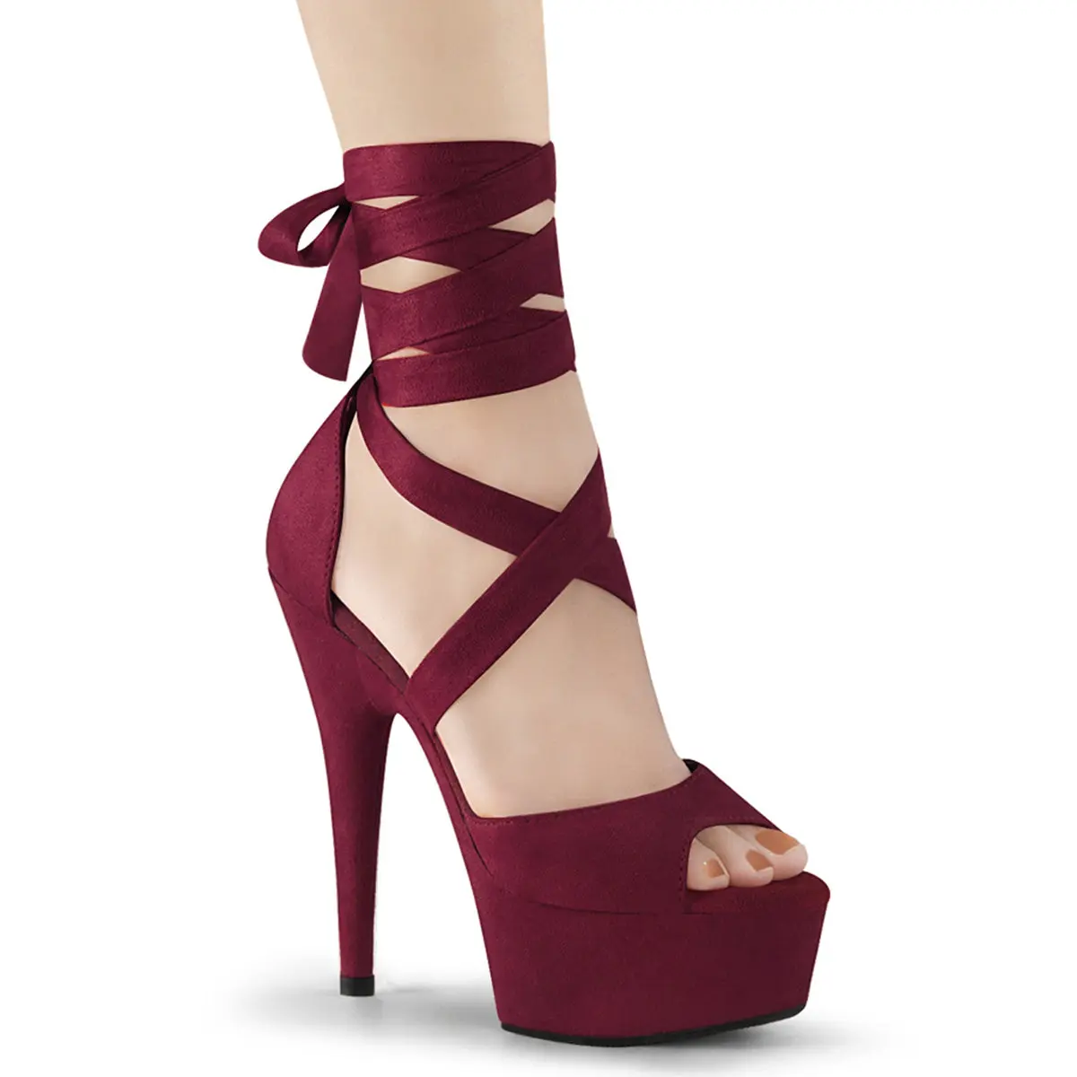 Women's Platform Sandal, Burgundy Suede Footwear with a 6" High Heel and Criss-Cross Ankle Wrap, DELIGHT-679, Classy Heels