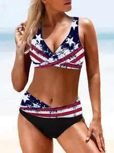 Chic Petal Distressed American Flag Wrap Bikini Set Patriotic Criss-Cross Swimsuit Perfect for 4th of July Beach Party Womenswear Clothes,summervibes