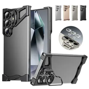 Frameless Metal Stand Case for Samsung Galaxy S25 Ultra S24 S23 S22 Ultra Minimalist Bumper Protective with Camera Lens Stand Aluminum Shell Shock Absorption Cover