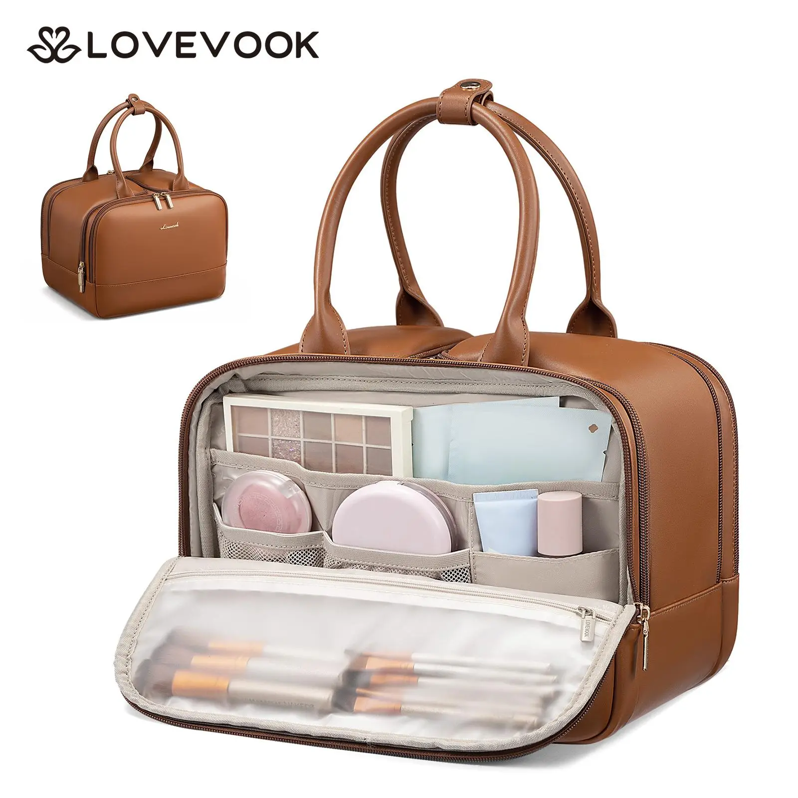 LOVEVOOK Travel Toiletry Bag for women, Leather Large Wide-open Makeup Bag, Waterproof Cosmetic Bag Organizer for Shower, Traveling, Toiletries, Bathroom