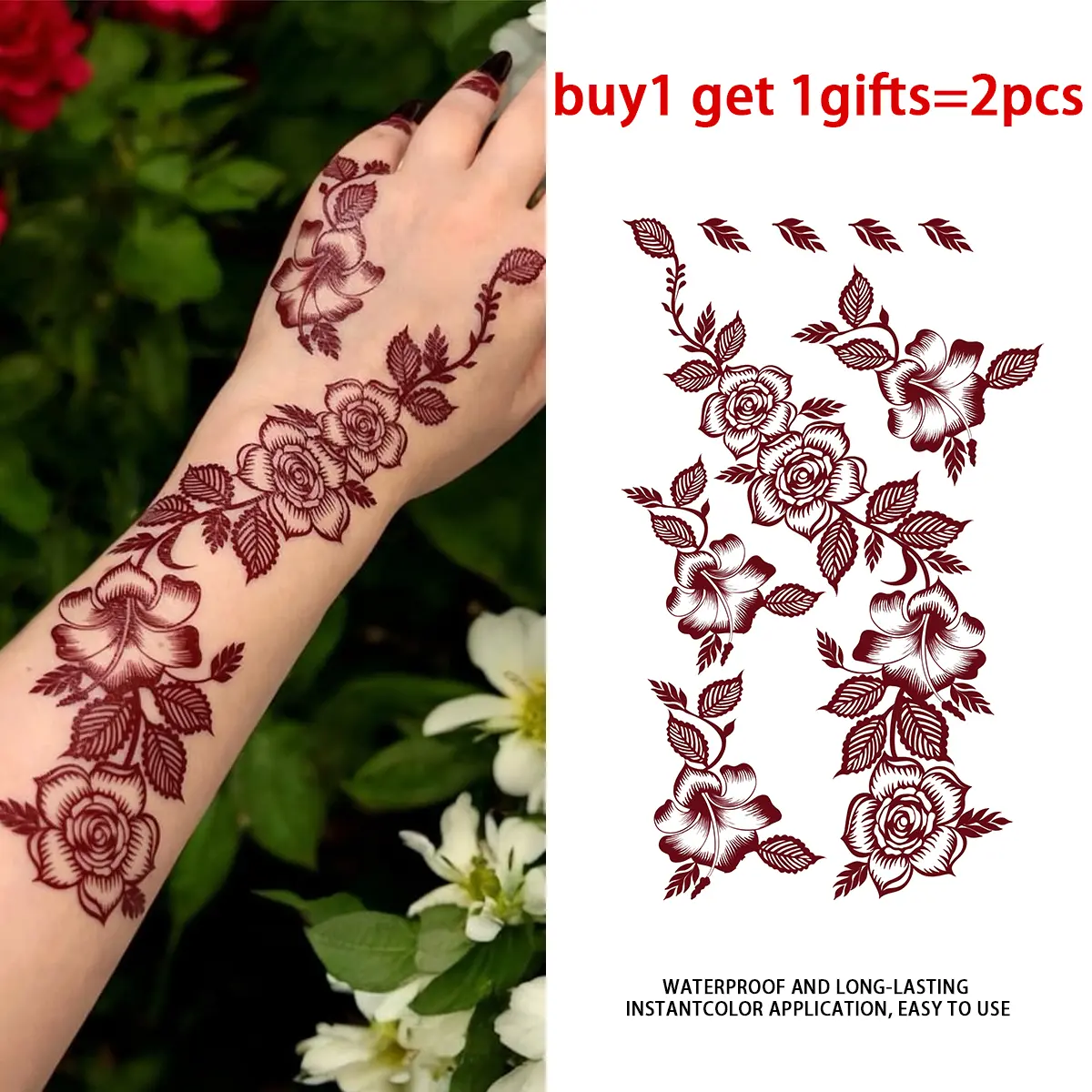 Henna Rose Hand Wrist Series Temporary Tattoo Stickers - 2 Sheets Semi-Permanent Waterproof Realistic Fake Tattoos, Single Item for Women, All Skin Types Ideal for Swimming, Party