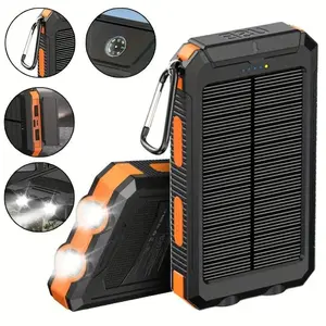 10000mAh Solar Power Bank USB Portable Power, 1 Count Dual USB Output Port Phone Charger with Flashlight & Compass & Carabiner, Waterproof External Battery Pack for iPhone Android Devices, Traveling Gadgets, for Smartphone