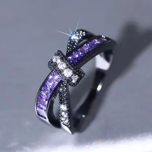 Huitan Fashion Black Finger Ring Female Charming Purple/White Cubic Zirconia Jewelry for Engagement Party Stylish Accessories