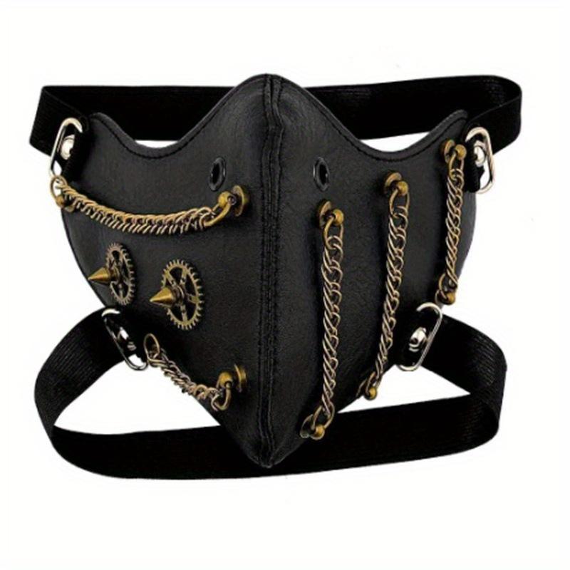 Cyberpunk and Steampunk Style Adult Faux Leather Mask with Gold Chain - Fashionable, Avant-garde Halloween Party Accessory, Adjustable Shoulder Strap, Design Options, Halloween Costume