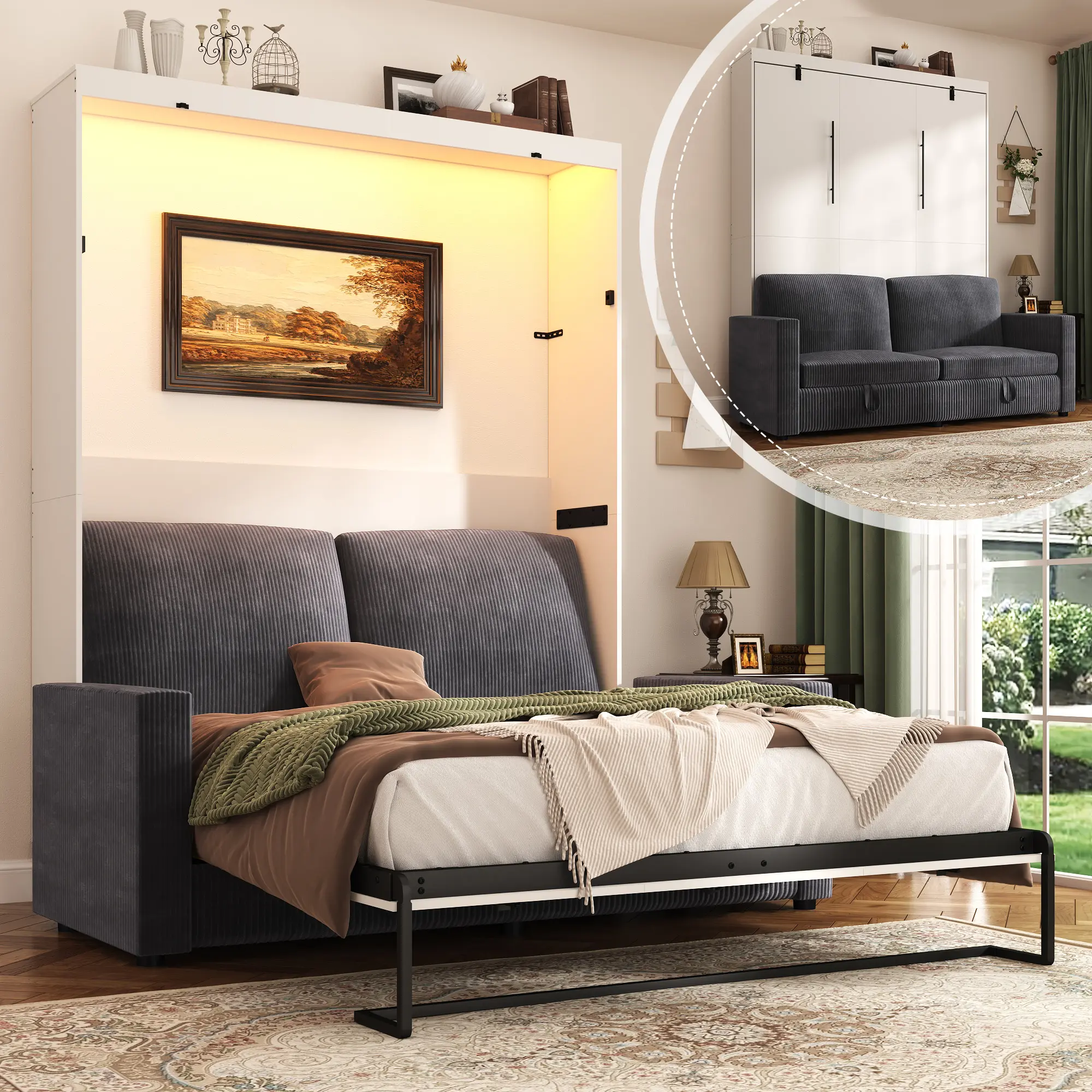 Queen Size Murphy Bed with Integrated Sofa, LED Light & Gas Struts - Space-Saving Convertible Wall Bed Frame for Guestroom, Office, Bedroom Decor, No Box Spring Needed, White & Grey