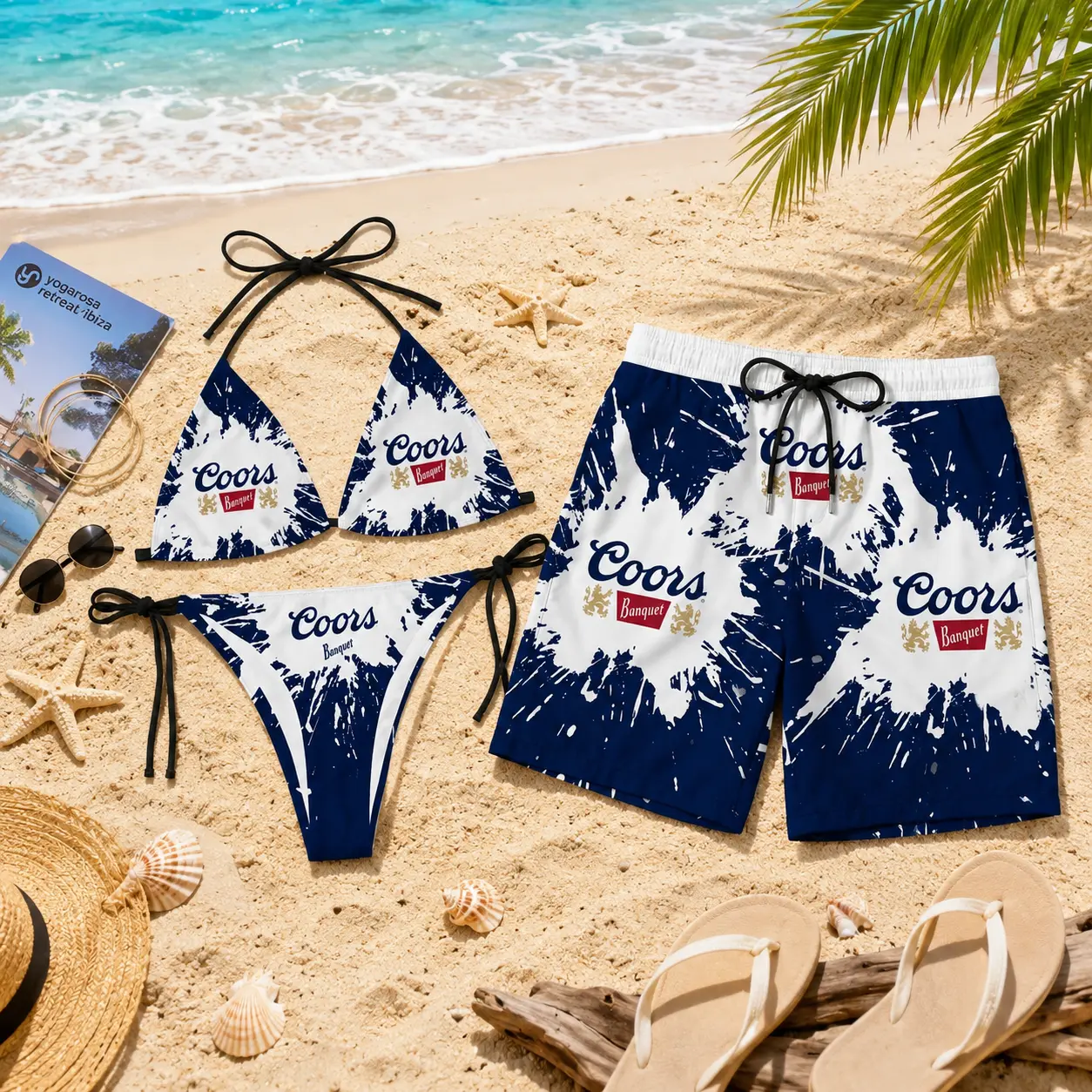 Coors Banquet Couple Matching Swimsuits Set - Women's Triangle Bikini & Men's Quick Dry Swim Trunks Beach Vacation Swimwear