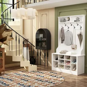 FUFU&GAGA Modern Hall Tree with Storage Bench, 4-in-1 Entryway Bench with Coat Rack, Tall Hall Tree with 7 Metal Hooks, Shelves & 10 Cubes for Hallway, Living Room Entrance Organiser
