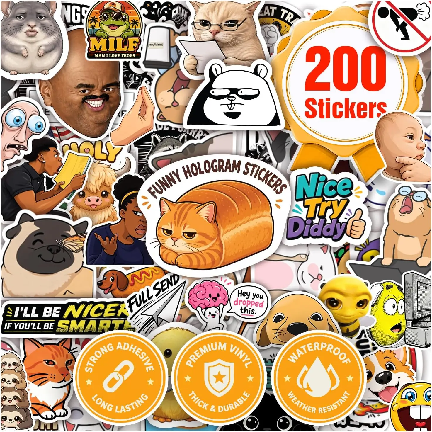 Premium 200Pcs Funny Holographic Stickers Waterproof Vinyl Decals | 200 Unique Designs Holographic Stickers With Funny Quotes, Playful Illustrations, Memes, And Eye-Catching Reflective Designs.
