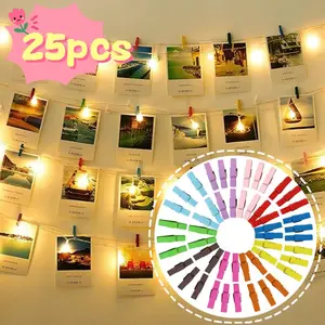 25pcs Colorful Cute Wooden Photo Clips, 3.5*0.7cm Size, Hemp Rope Decorative Holders, Ideal for Photos and Crafts, Fun and Practical Accessories