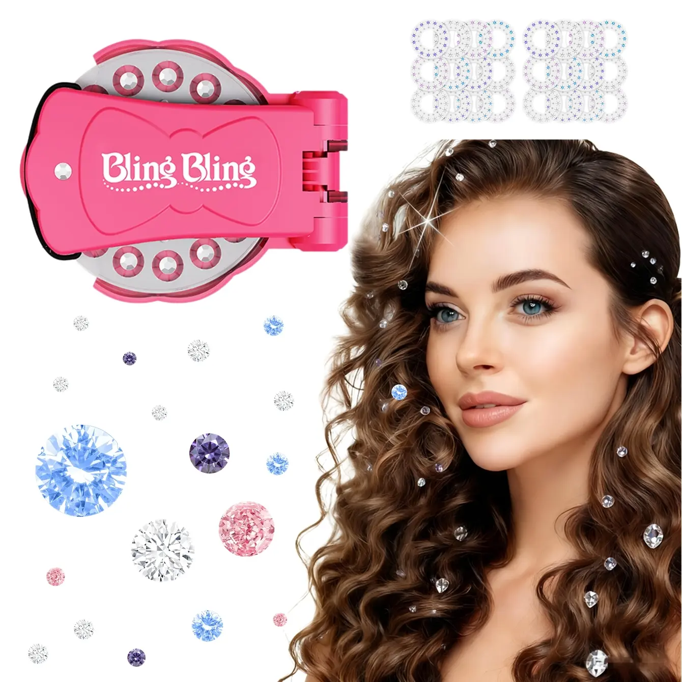 DIY Hair Styling Tool Set + Hair Styling Accessories + 180 Diamond Glitter Gemstone, Sparkling Rhinestone Decorations for Girls' Clothes & Bags, Sparkle Hair, Gift for Birthdays Christmas Children's Day Hairstyle Accessory
