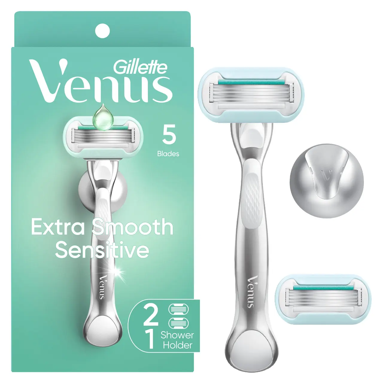 Venus Extra Smooth Sensitive Women's Razor, 2 Blade Refills + Shower Holder