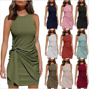 Women's Solid Color Sleeveless Round Neck Pleated Dress with Bow Belt, Spring Casual Short Dress, Daily Wear Women's Clothing, Plain Dress