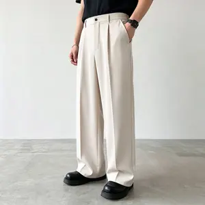 Men’s double-pleat wide-leg dress pants, drapey straight-cut casual suit trousers.