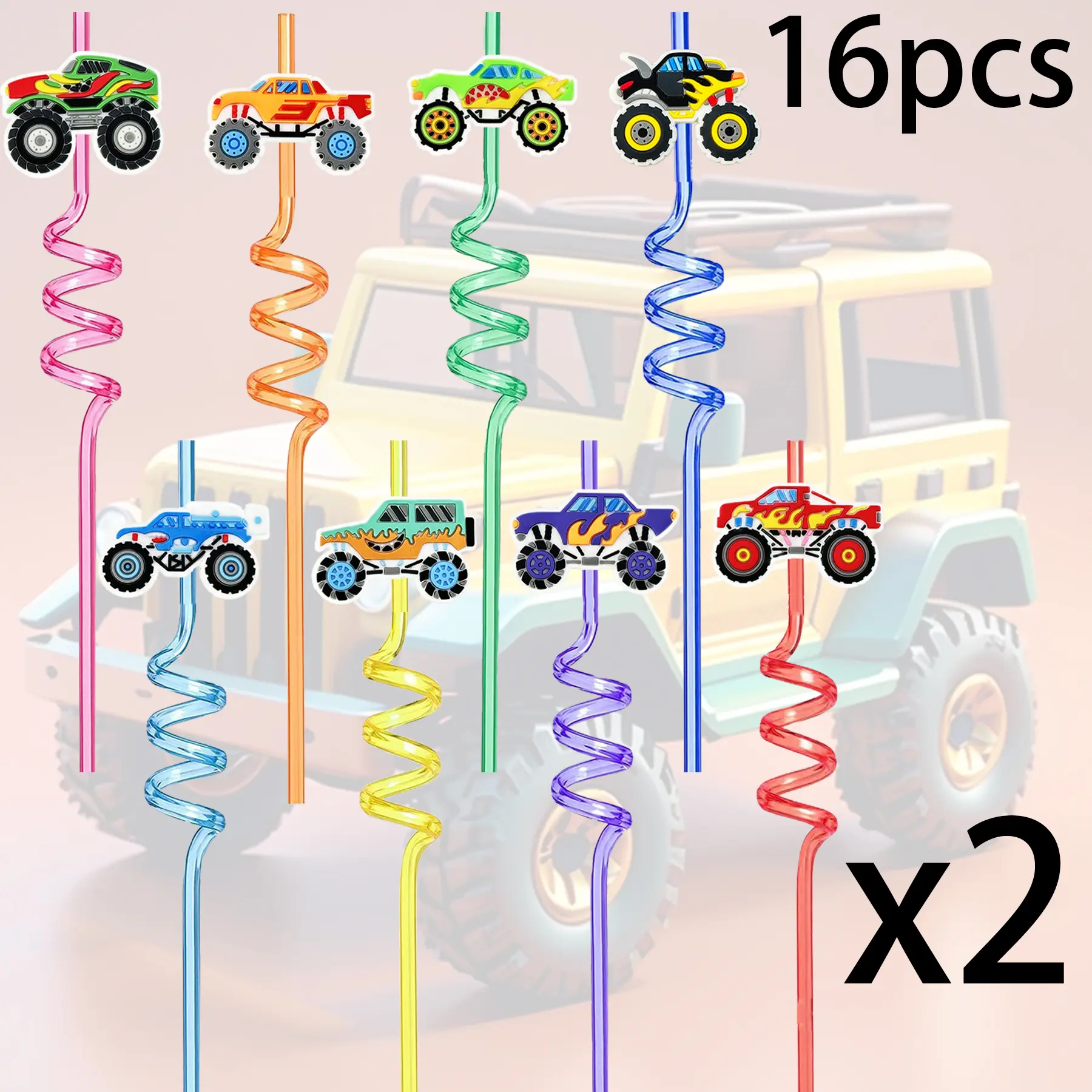 16-Piece Party Gift Set Cartoon Car-Patterned Twisted Straws Off-Road Series Reusable Holiday Party Straws
