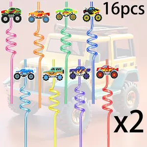 16-Piece Party Gift Set Cartoon Car-Patterned Twisted Straws Off-Road Series Reusable Holiday Party Straws