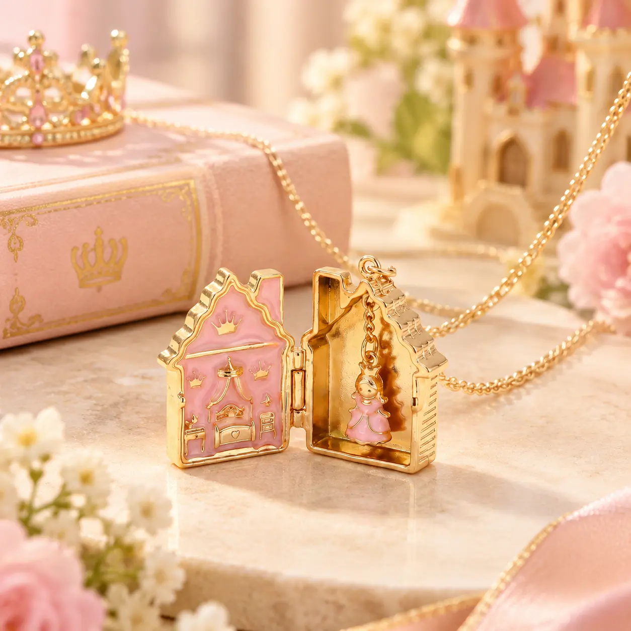 Pink Castle Locket Necklace Cute Heart Charm Pendant Necklace for Women Girls Gift