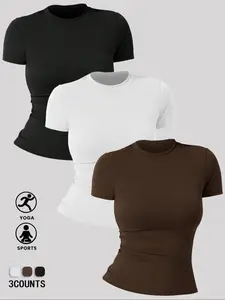Women's High Stretch Yoga Tee Set, Yoga Workout Activewear, Round Neck Casual Short Sleeve Top, Plain Design for All Seasons, Comfortable Moisture-Wicking Fabric